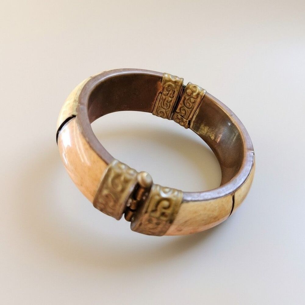 Vintage Bracelet Bone & Brass Hinged Bangle Bohemian Estate Jewelry